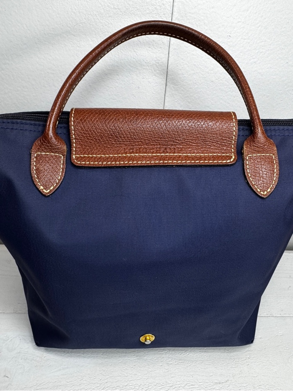 Longchamp Le Pliage Small Navy Nylon Tote Brown Leather Handles Authentic - Picture 8 of 14